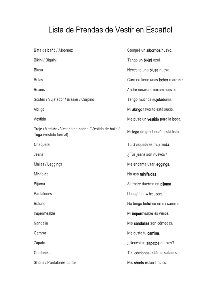Lista de Prendas de Vestir en Español | PDF | Bikini | Ropa