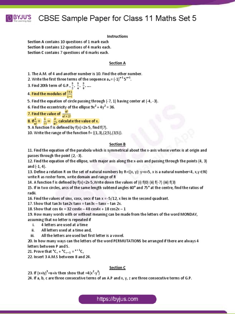 CBSE Sample Paper Class 11 Maths Set 5 | Download Free PDF | Euclidean ...