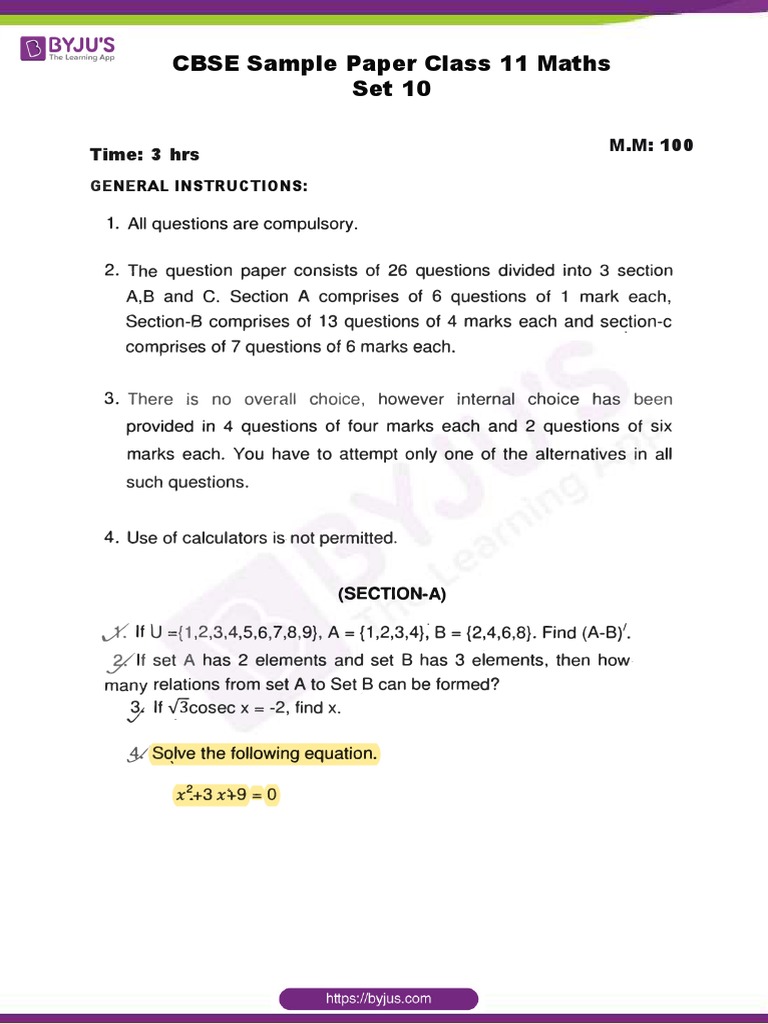 CBSE Sample Paper Class 11 Maths Set 10 | PDF | Mathematics ...