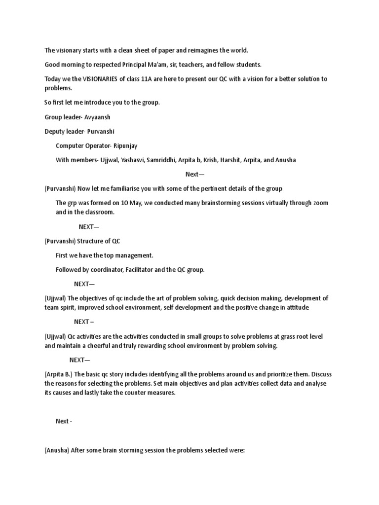 Format of Quality Circle Presentation Script | PDF | Brainstorming ...