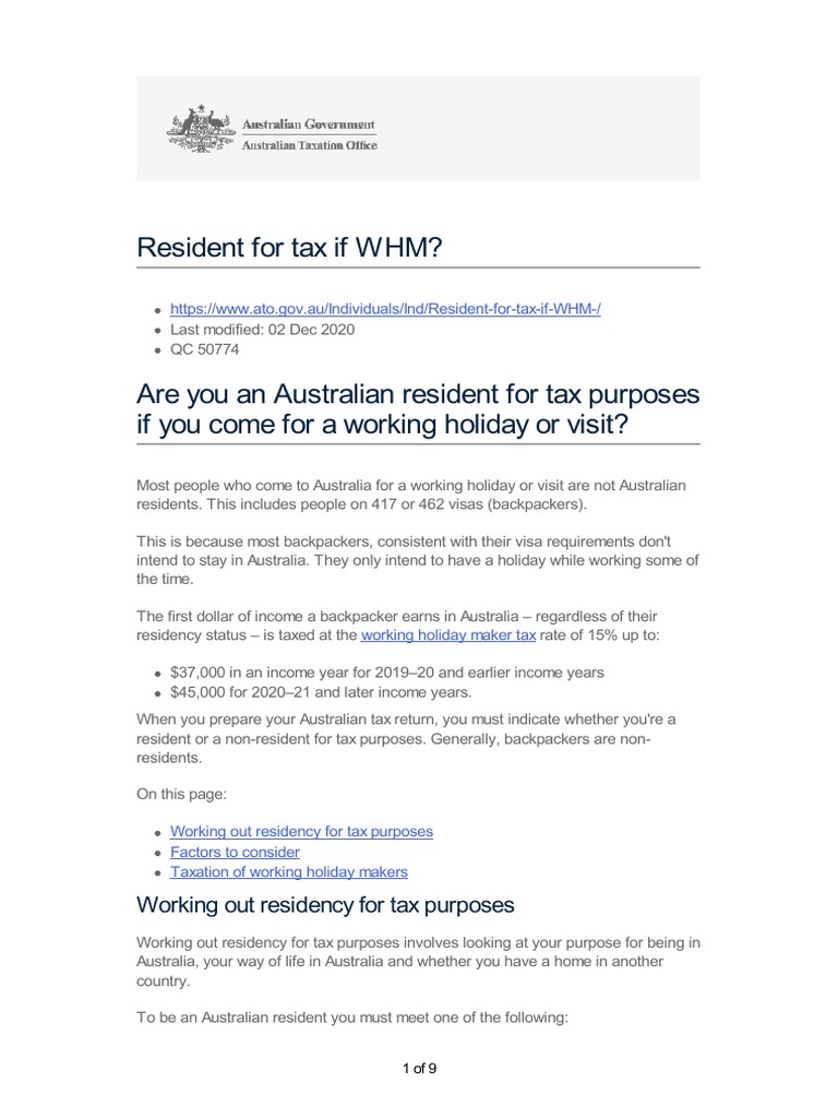 Are You An Australian Resident For Tax Purposes If You Come For A