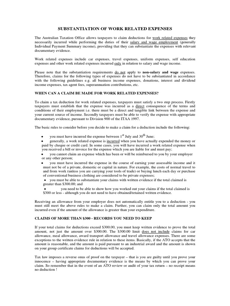 Substantiation of Work Related Expenses PDF Tax Deduction Expense