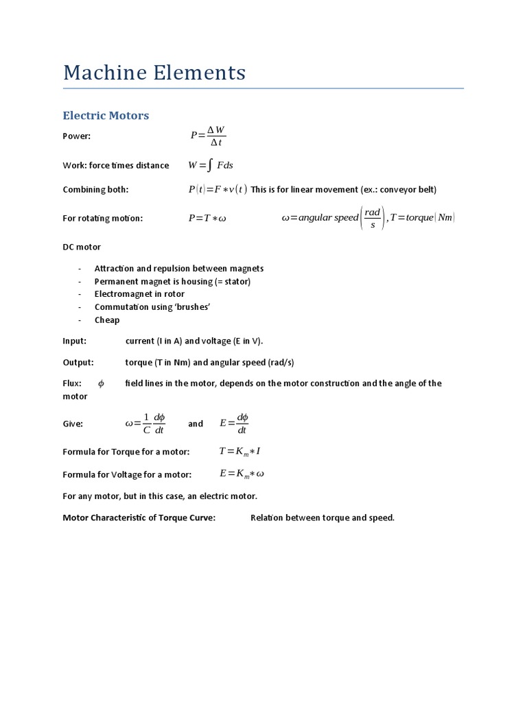 Machine Elements Summary PDF Electric Motor Screw