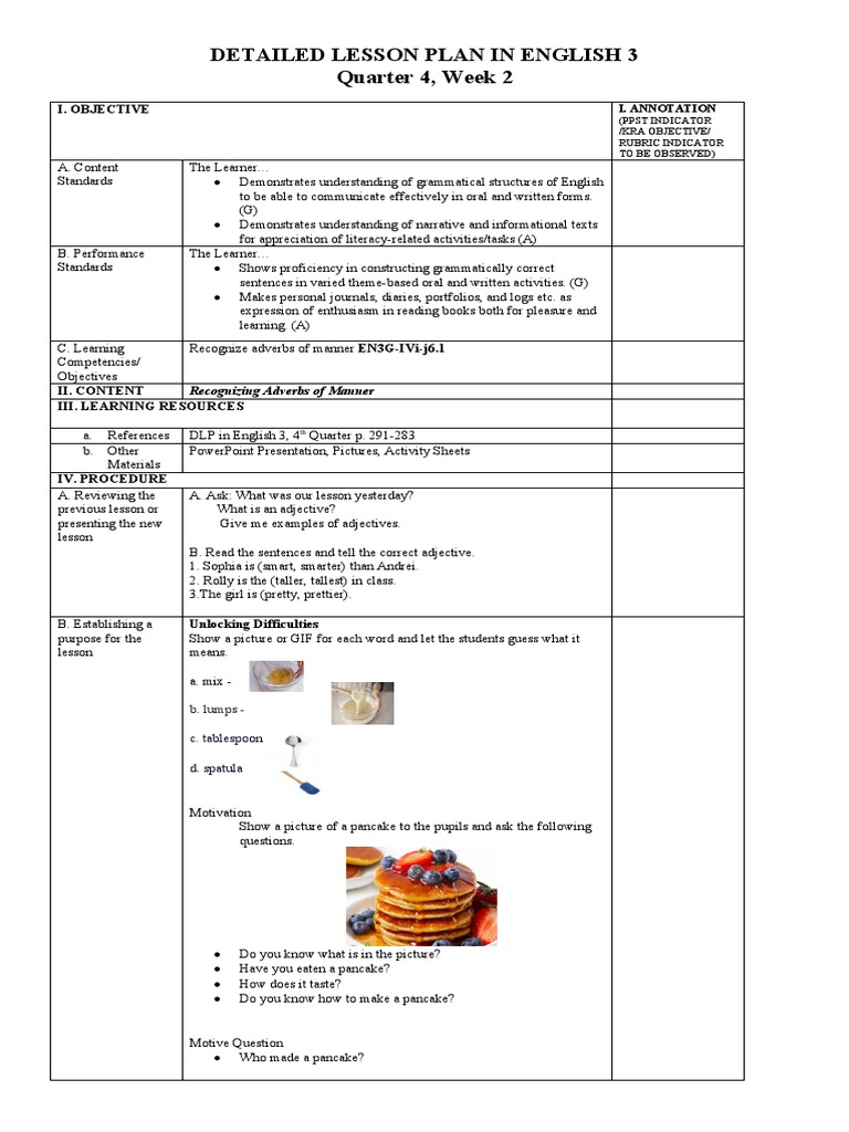 Detailed Lesson Plan in English 3 Cot - Edited | PDF | Adverb | Pancake