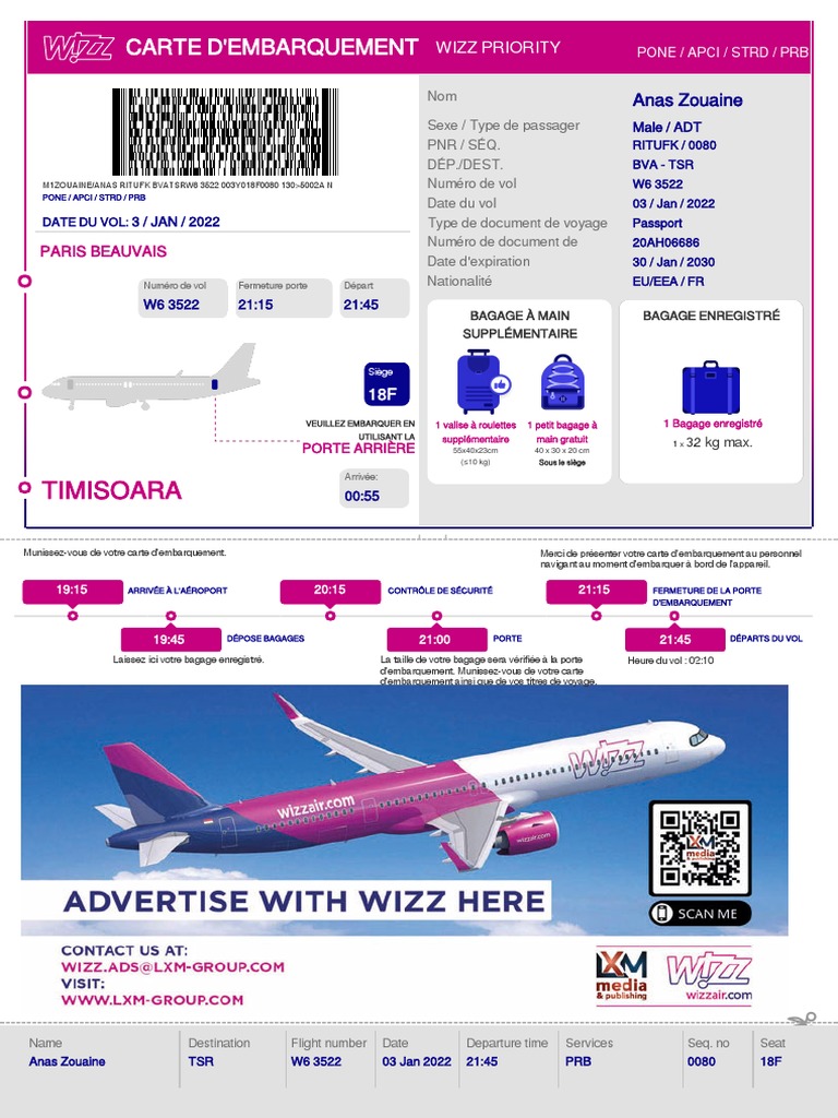 Carte d'embarquement Wizz Air - Vol W6 3522 | PDF