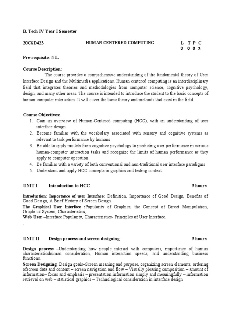 HCC Syllabus PDF Graphical User Interfaces Usability
