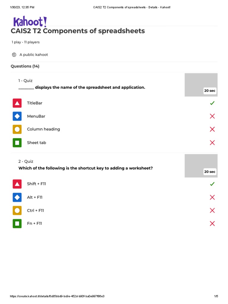 CAIS2 T2 Components of Spreadsheets Details Kahoot! Download Free