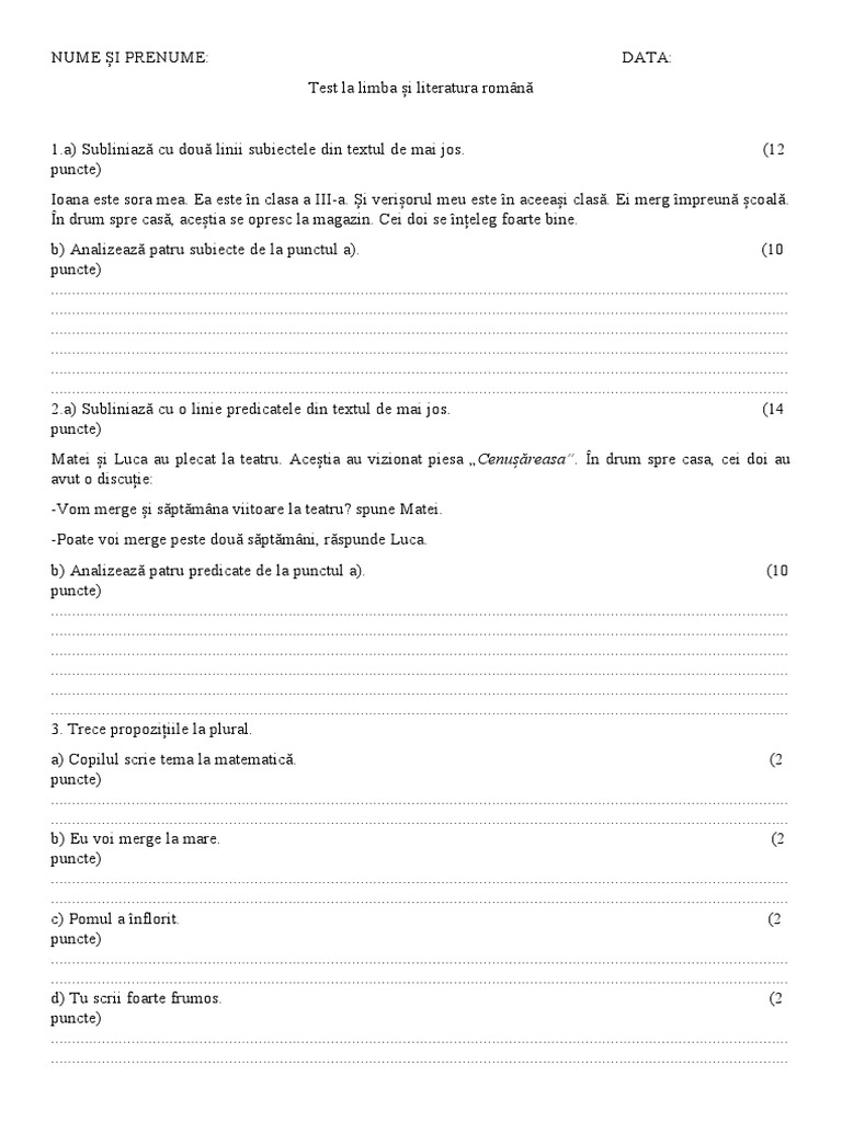 Test Romana Clasa IV | PDF