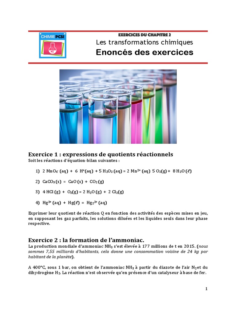 Exercices sur les transformations chimiques | PDF | Équilibre chimique ...