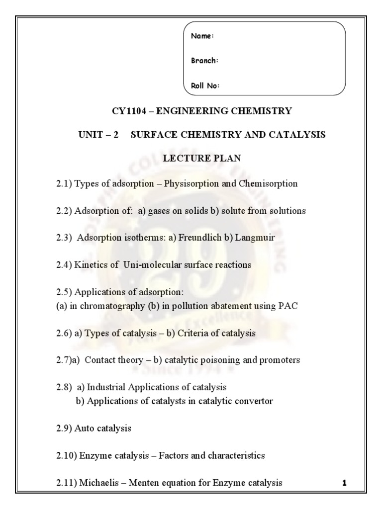 Cy1104 Engineering Chemistry Unit 2 Surface Chemistry and Catalysis