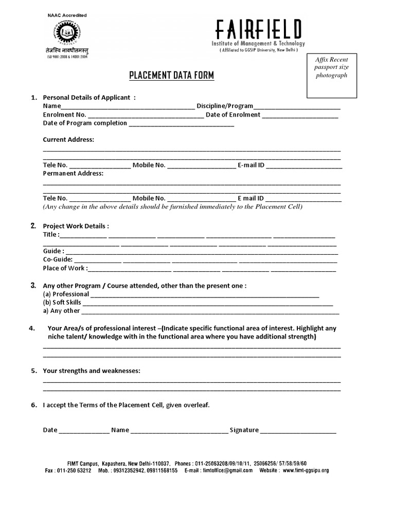 Placement Data Form Pdf Career Growth Business