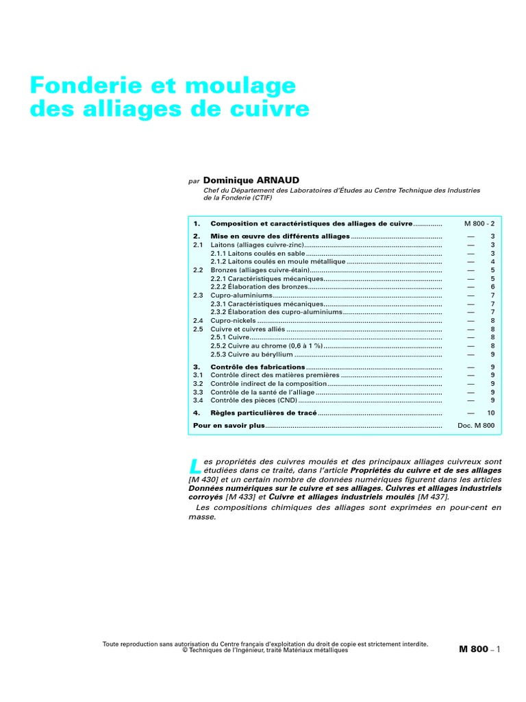 Fonderie des alliages de cuivre et cuproaluminium PDF Bronze Cuivre — free download