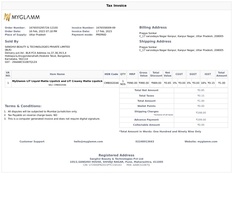 MyGlamm Invoice for Lipstick Purchase | PDF | Taxation | Economies