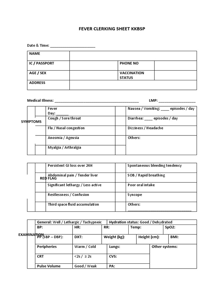 Fever Clerking Sheet Kkbsp PDF Dehydration Diseases And Disorders