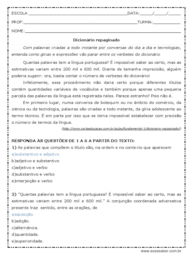 Atividade de Português Classes Gramaticais e Orações Coordenadas 2º Ano ...