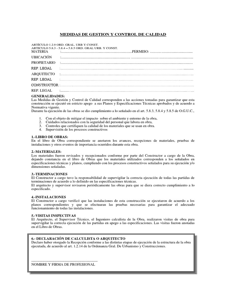 Medidas de Control de Calidad en Construcción | PDF | Arquitecto