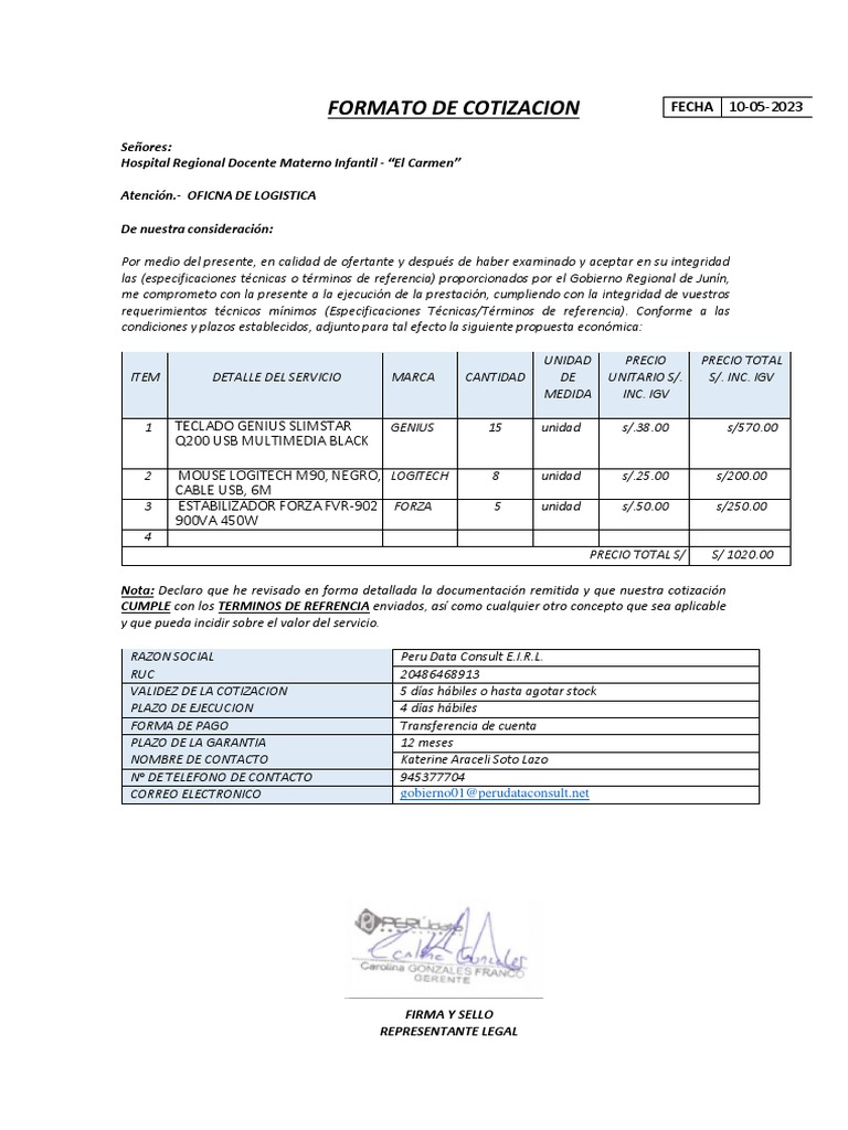 Formatos de Cotizacion y Declaracion de Proveedor Perifericos PDF Gobierno