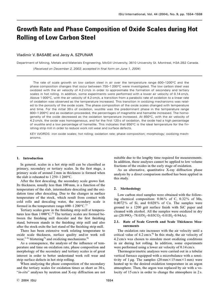Growth Rate and Phase Composition of Oxide Scales During Hot Rolling of Low Carbon Steel PDF