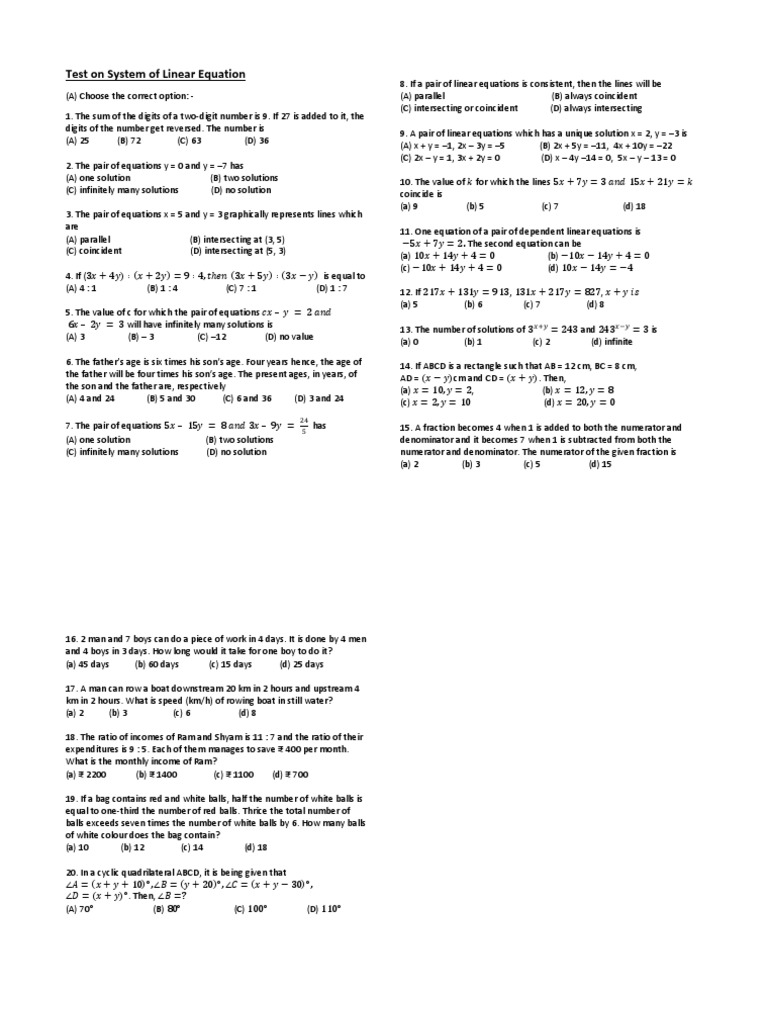 Linear Equation Test 2 PDF Equations System Of Linear Equations