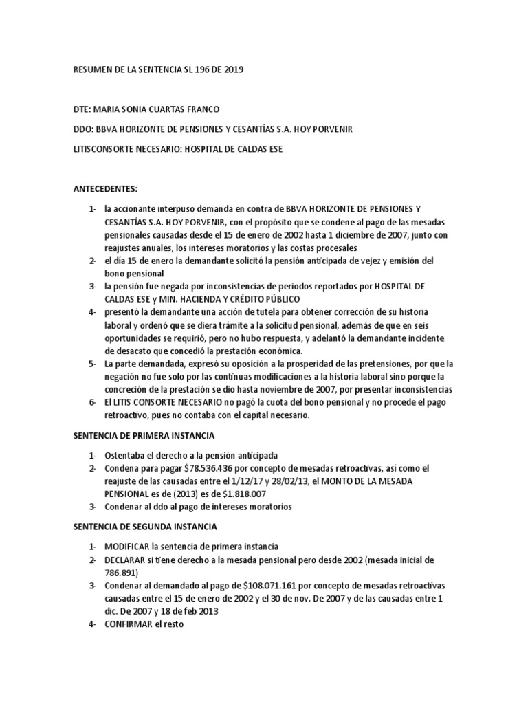 Resumen de La Sentencia Sl 196 de 2019 | PDF | Sentencia (ley) | Pensión