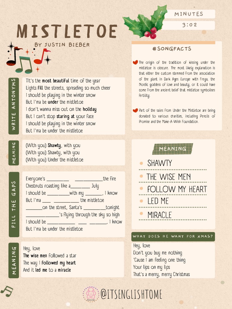 Mistletoe Lyrics and Meaning Analysis | PDF | Christmas Traditions ...
