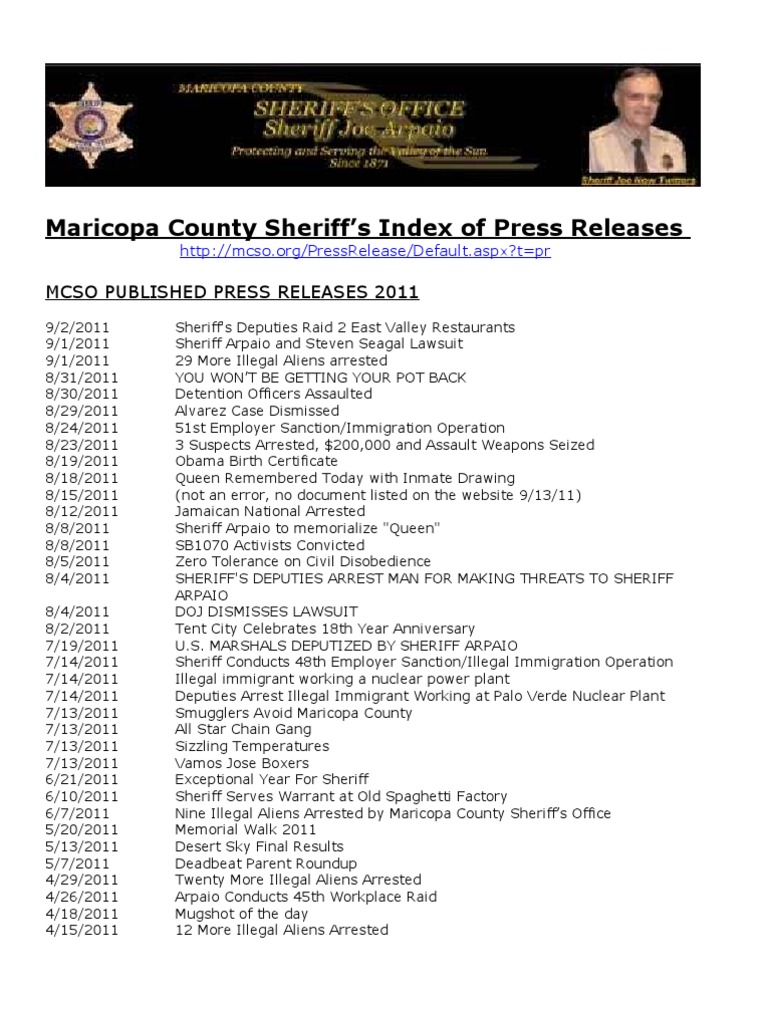 Maricopa County Sheriff Press Release Index PDF Illegal Immigration