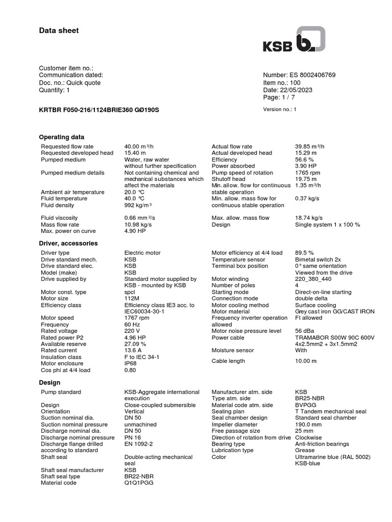 KSB Submersible Pump Data Sheet | PDF | Electric Motor | Flow Measurement