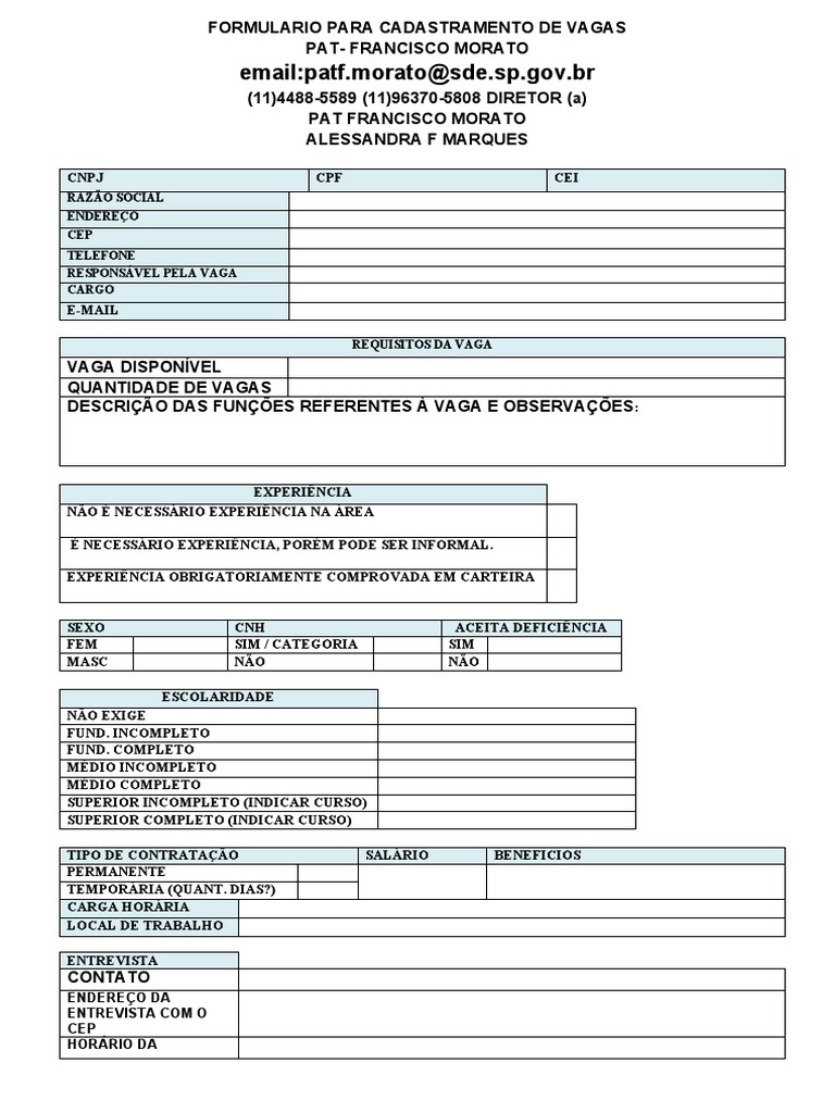 Formulário de Cadastramento PAT Morato | PDF | Carreira e Crescimento