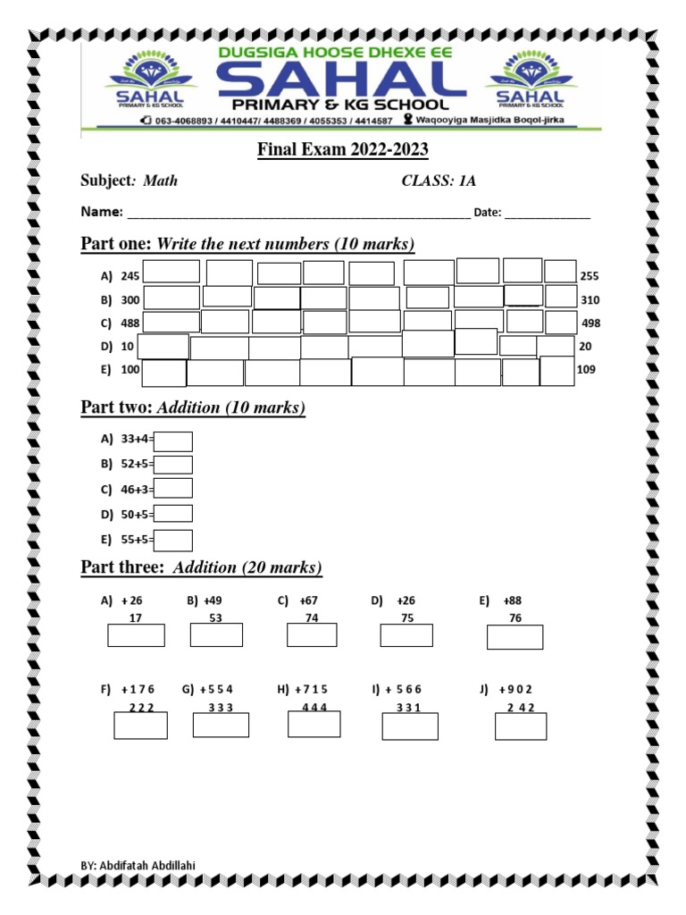 Final Exam 2022-2023: Math Class: 1A | PDF