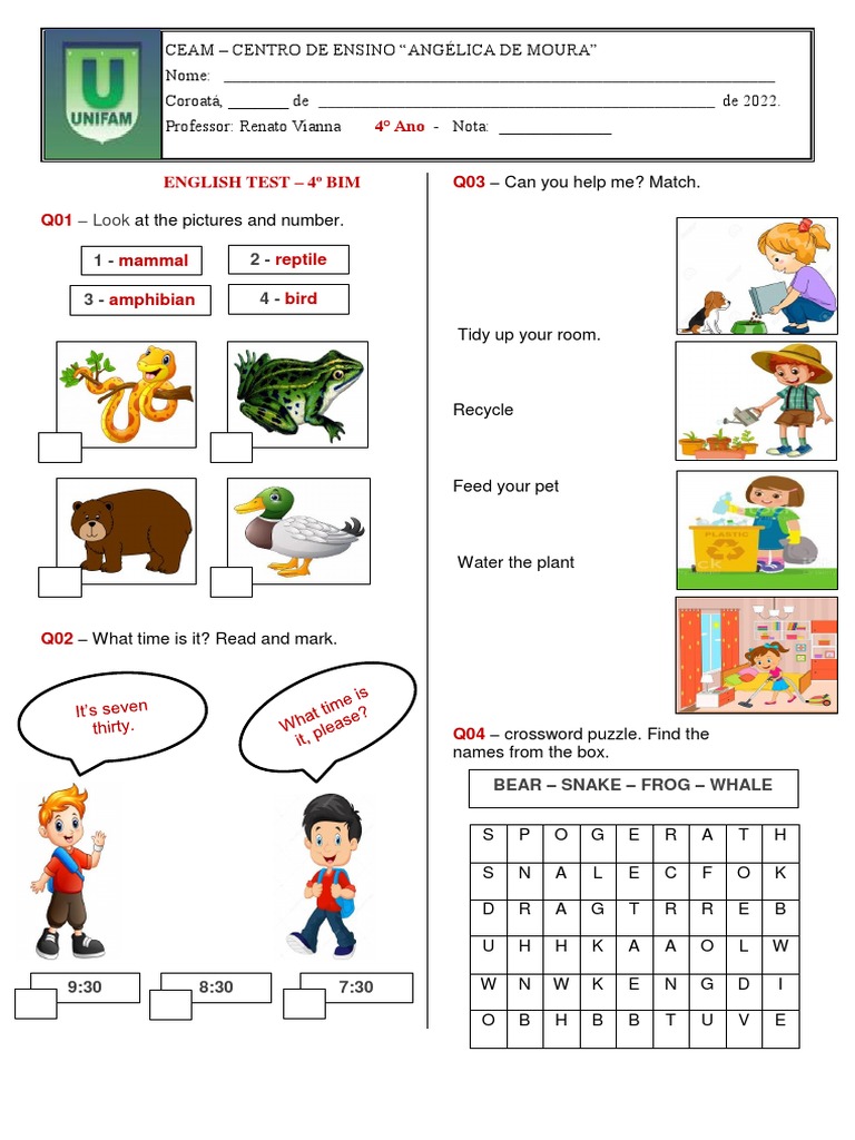 Avaliação de Inglês 4° Ano - 4 - Bim - 2022 | PDF | Organisms