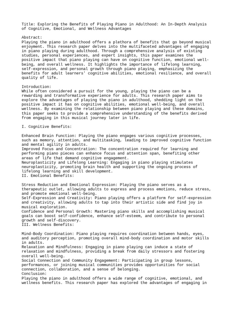 Exploring the benefits of playing piano in adulthood pdf cognition
