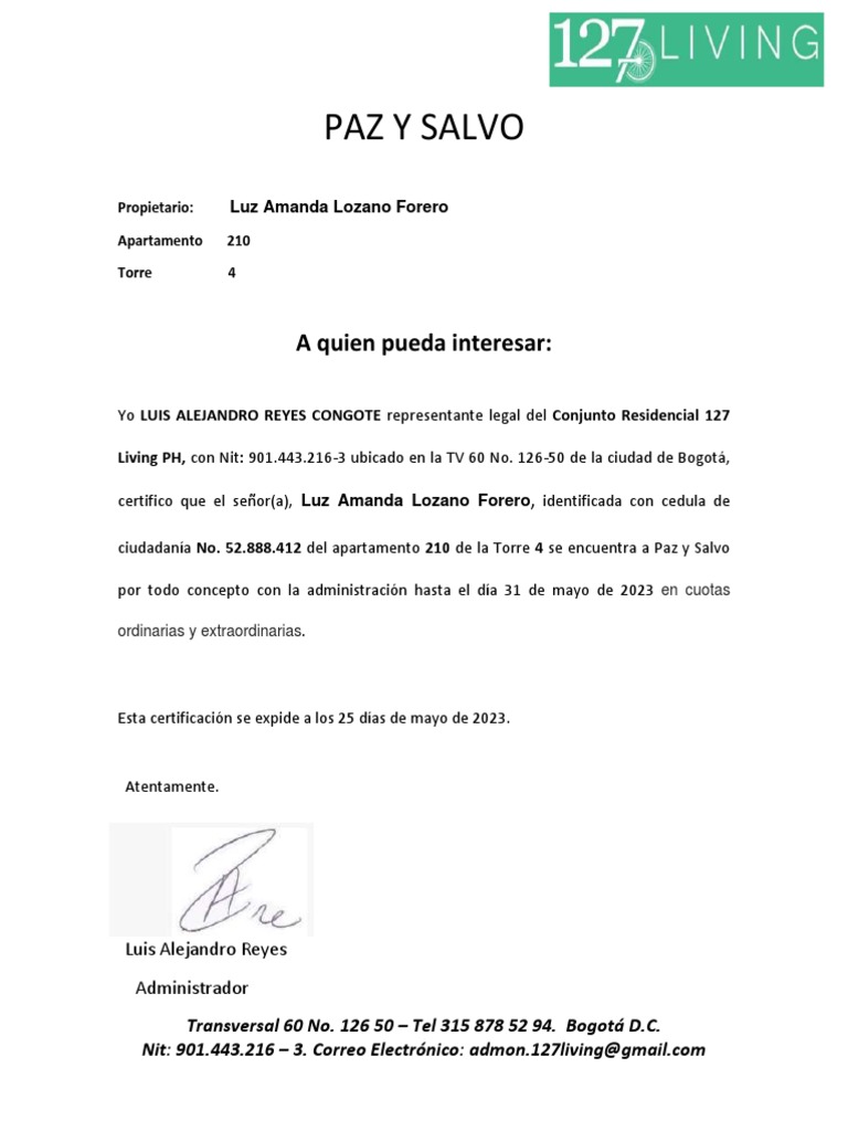 Certificado de Paz y Salvo 210 | PDF