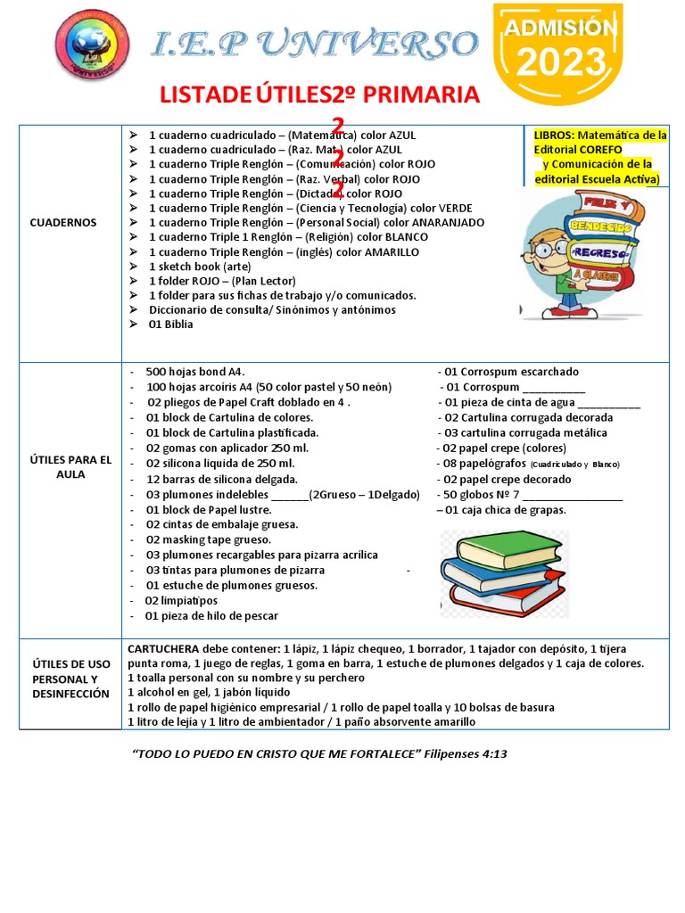 Lista de útiles 2º grado primaria 2023 | PDF | Diseño gráfico | Arco iris