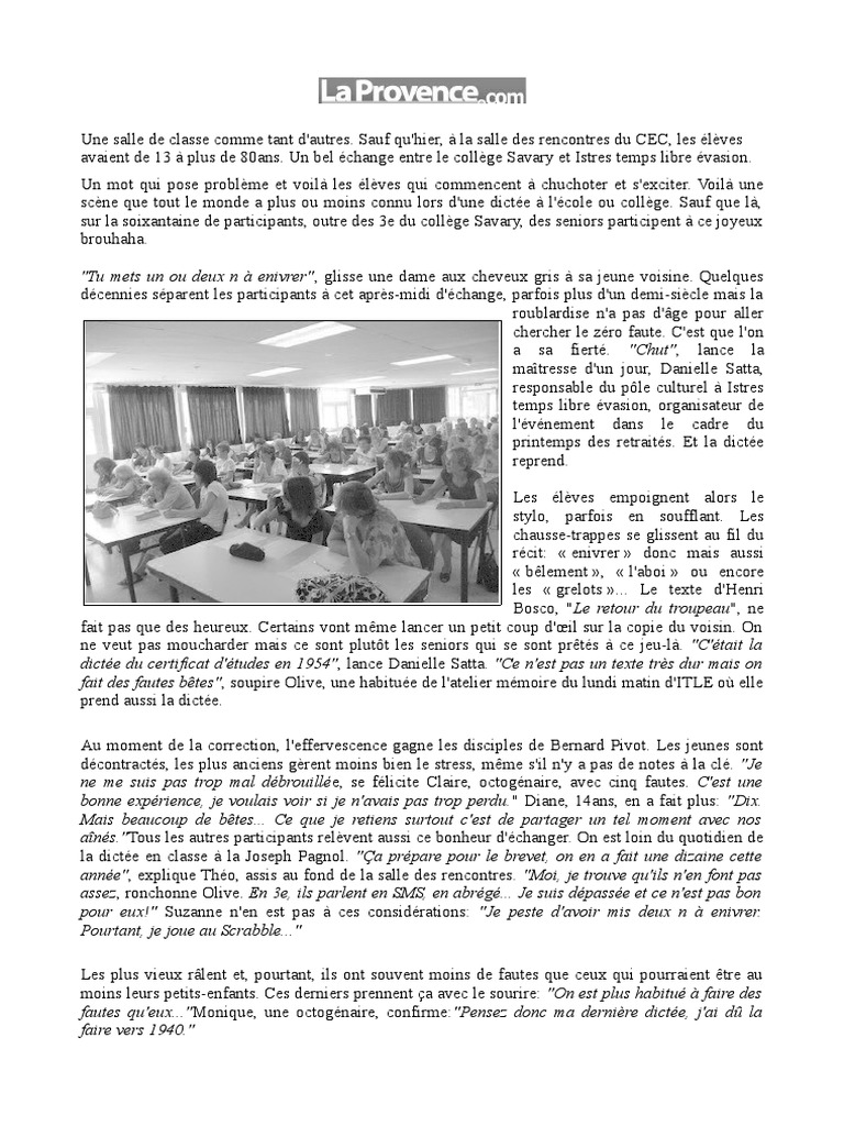 Dictée intergénérationnelle à Istres | PDF