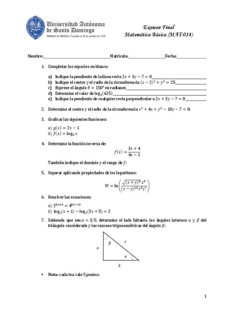 Examen Final Matemática Básica UASD | PDF | Métodos y materiales de ...
