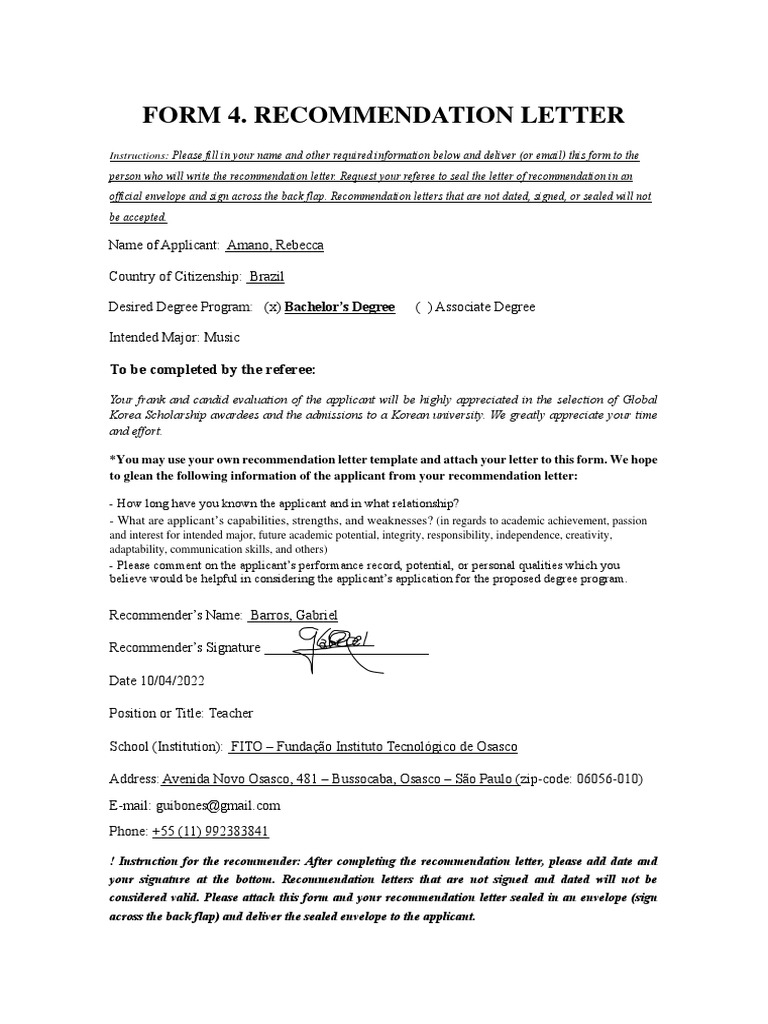 Form 4. Recommendation Letter - Rebecca Amano | PDF | Communication