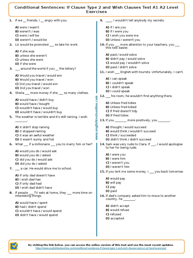 442 - Conditional Sentences If Clause Type 2 and Wish Clauses Test A1 ...