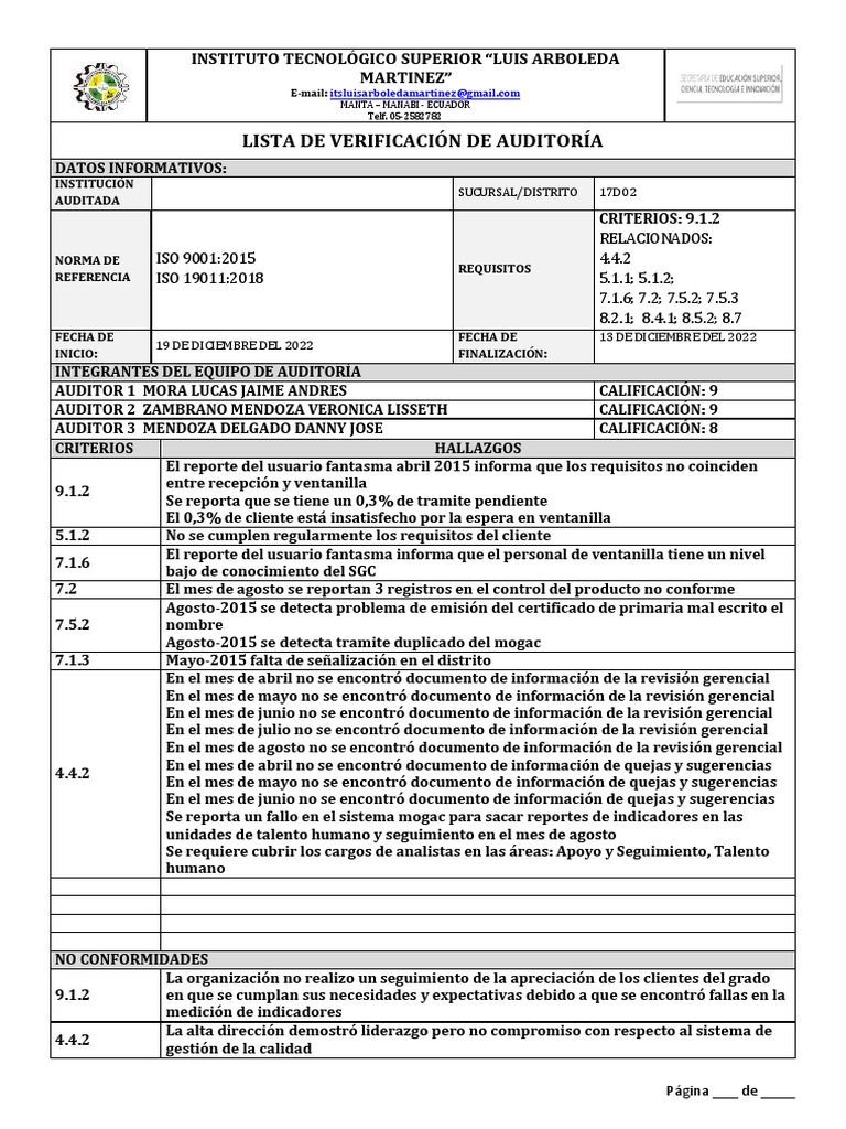 Lista de Verificación de Auditoría ISO 9001 | PDF | Calidad (comercial ...