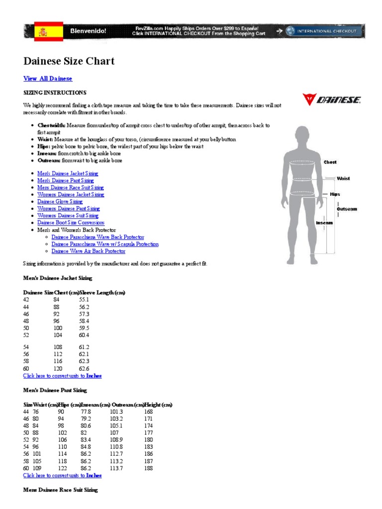 Dainese Sizing Guide and Charts | PDF | Wellness