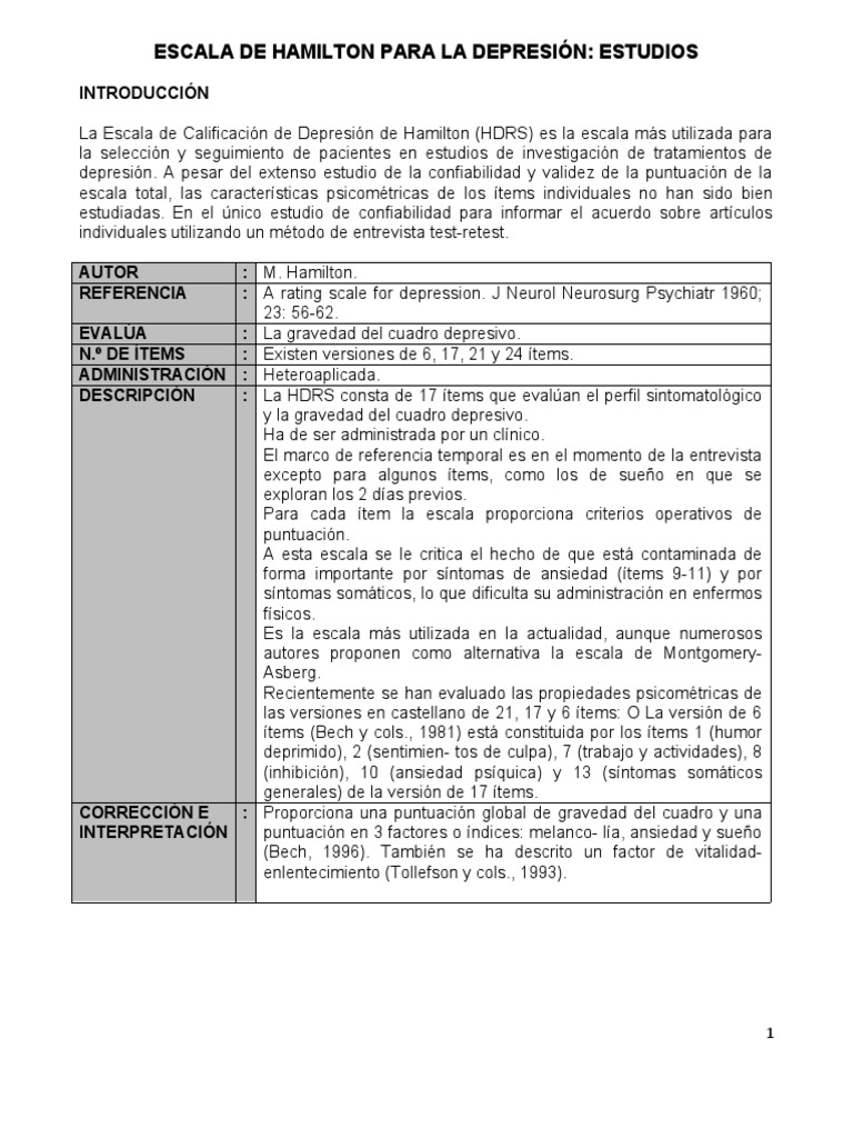 Escala de Hamilton para la Depresión | PDF | Depresión (estado de ánimo ...