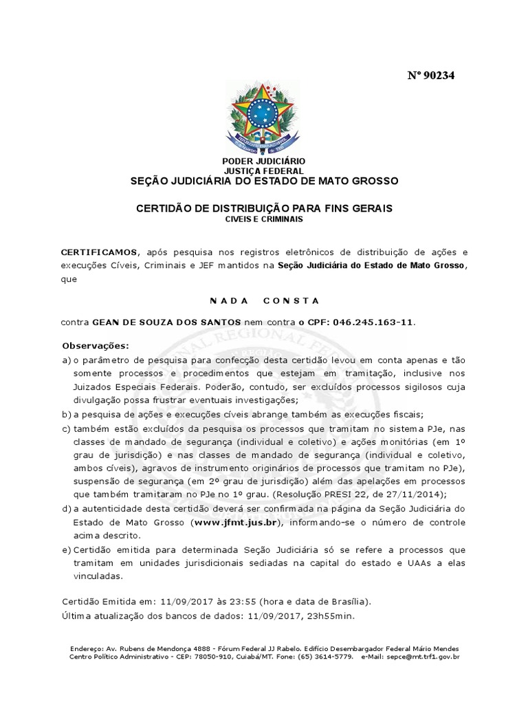 Certidão de Antecedentes Criminais MT | PDF