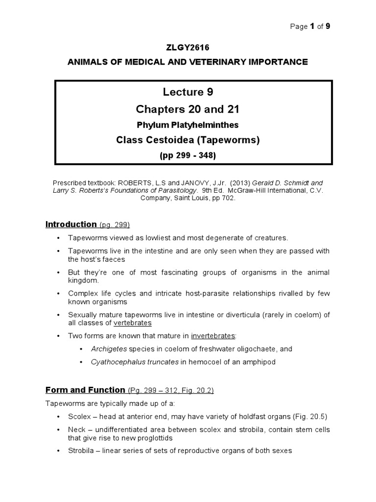 Lecture 9 - Phylum Platyhelminthes - Cestoidea and Tapeworms - Updated ...