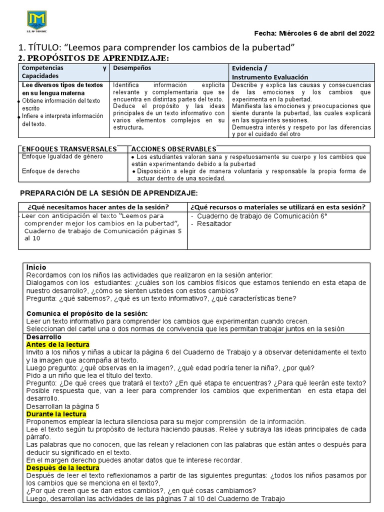 Cambios de la Pubertad en 6to Grado | PDF | Aprendizaje | Ciencias del ...
