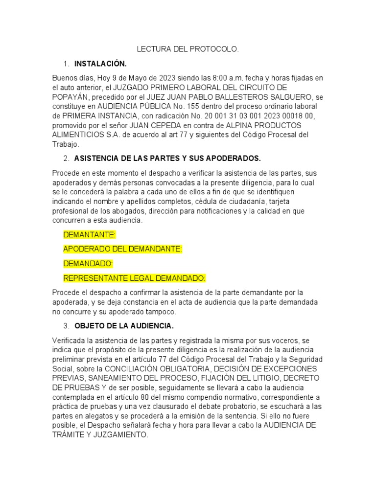 Protocolo Audiencia Laboral | PDF | Justicia | Crimen y violencia