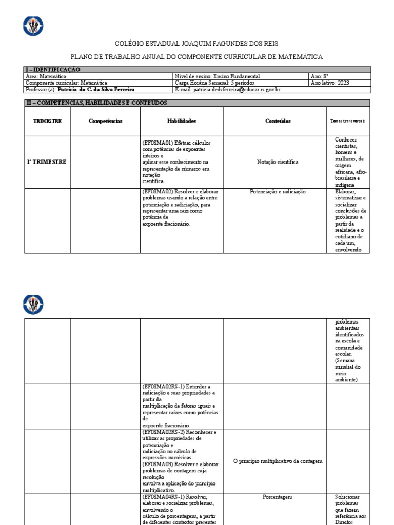 Plano 8 Ano 2023 Matemática | PDF | Equações | Geometria
