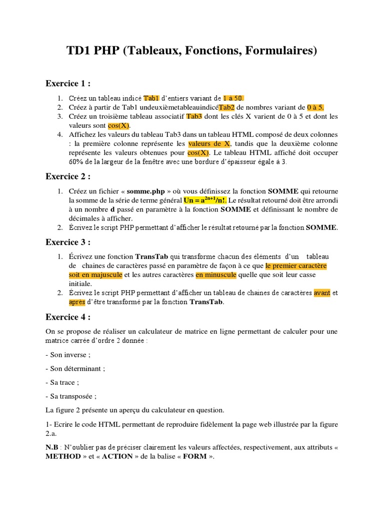 TD1 PHP : Tableaux et Fonctions | PDF | Matrice (Mathématiques ...