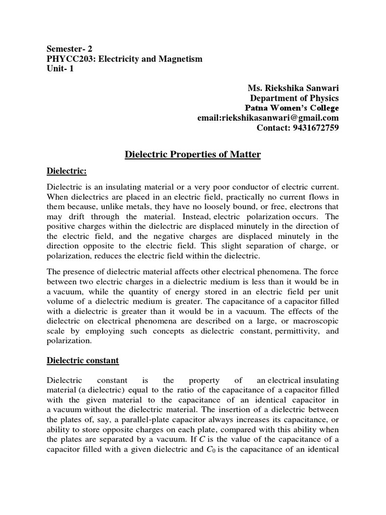 Dielectric Properties of Matter | PDF | Dielectric | Chemical Polarity