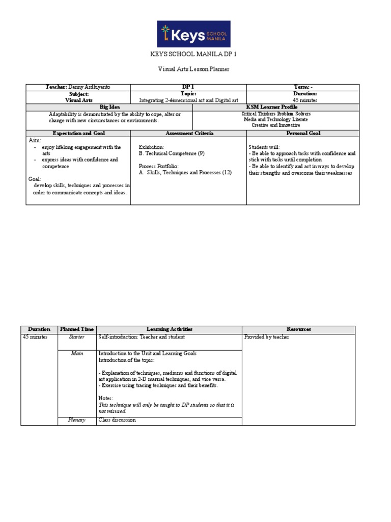 Visual Arts Lesson Plan: Digital & 2D Art | PDF | Learning | Critical ...