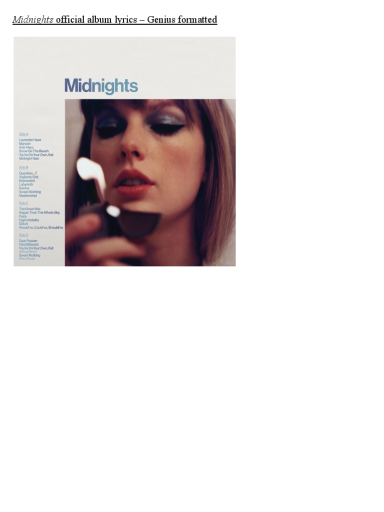 Taylor Swift Midnights (All Editions) Official Album Lyrics - Genius  Formatted | PDF | Song Structure