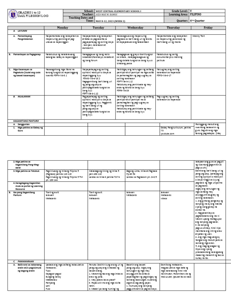 Grade 5 DLL FILIPINO 5 Q4 Week 2 | PDF